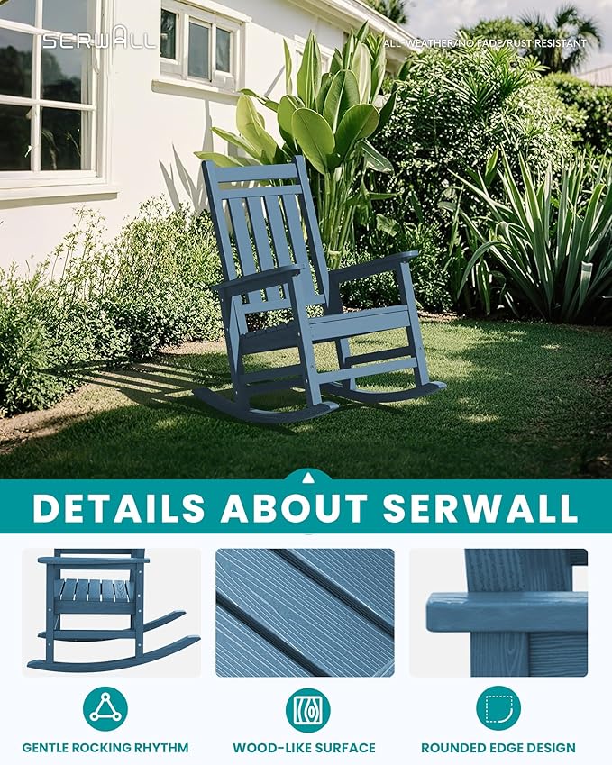 SERWALL Outdoor Rocking Chair, HDPE Rocking Chair for Adults, All Weather Porch Rockers for Lawn Garden, Navy