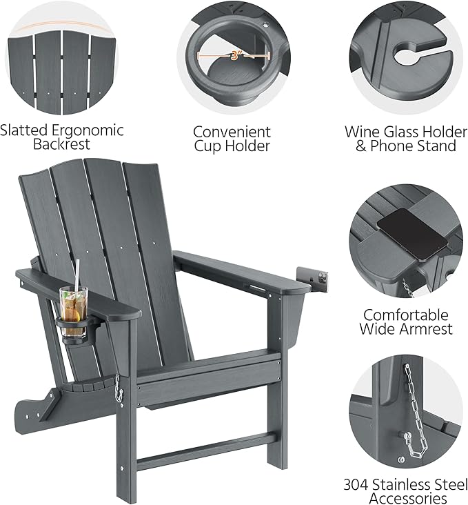 Yaheetech Folding Adirondack Chair Outdoor, HDPE Plastic Adirondack Chair with Cup/Mobile Phone Holder for Deck, Patio, Pool, Backyard, Weather Resistant, Wooden Texture, Easy Assembly Gray