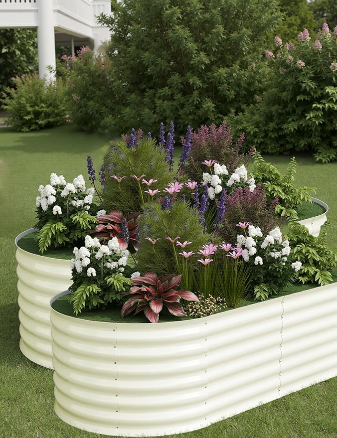 IDEAHOUSE 2-Pack Raised Garden Bed - Heavy-Duty Galvanized Steel Outdoor Planter Box for Vegetables, Flowers & Herbs - Rust-Resistant, Easy-Assembly Garden Box, Beige/Green