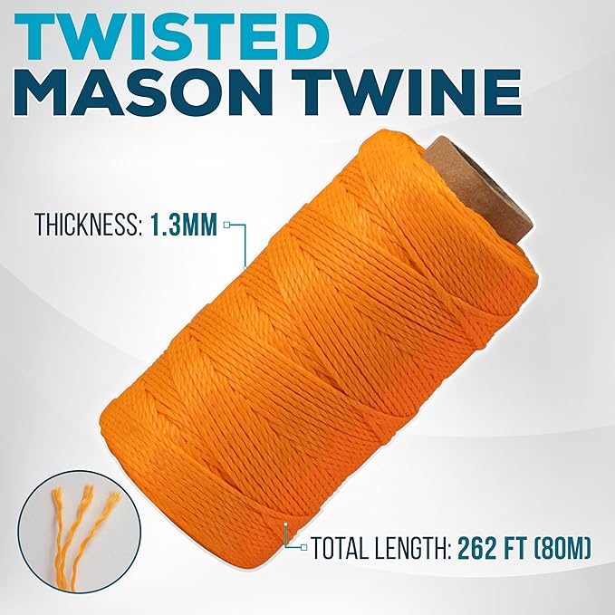 Mason Line String 1.3mm Thick Twisted Polypropylene – Durable Construction Twine for Laying Bricks, Blocks, Fences in Gardening, DIY & Landscaping Projects (Orange, 262 Ft)