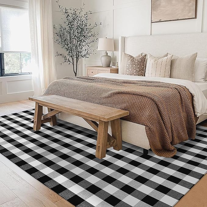 IOHOUZE Buffalo Plaid Checkered Rug 8x10 Ft Front Door Mats, Washable Area Rugs for Front Porch Decor, Spring Summer Welcome Mats Outdoor, Black White Rug for Farmhouse/Entryway/Home Entrance