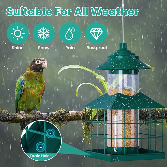 Hanging Bird Feeders for Outdoors, Maansfy Squirrel Proof Large Bird Cage Feeders Metal Wild Birdfeeder for Outside Weatherproof Finch Cardinal Bird Seed Feeder 3.4LB Capacity
