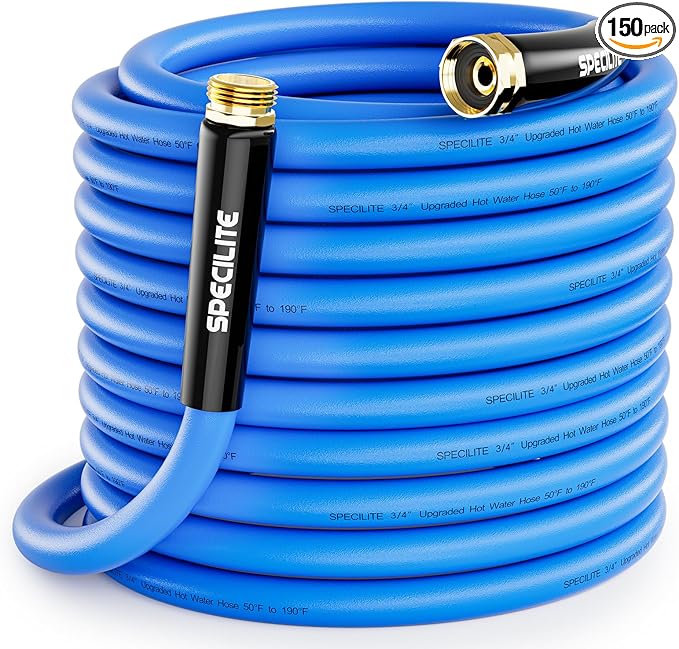 SPECILITE Hot/Cold Garden Water Hose 150 ftx 3/4 in, -50℉ To 190℉, Heavy Duty, Flexible, Burst 605 Psi, Lightweigh, Upgraded Rubber Pipe with 3/4" Brass Fittings For Backyard, Outdoor, Farm, Blue