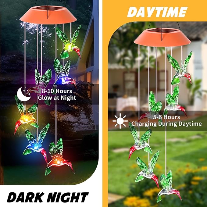Hummingbird Solar Wind Chimes, Hummingbird Wind Chimes for Outside,Best Gifts for Mom Grandma Women Wife Aunt Sister, Unique Mobile Wind Chime, Garden Yard Decor Red