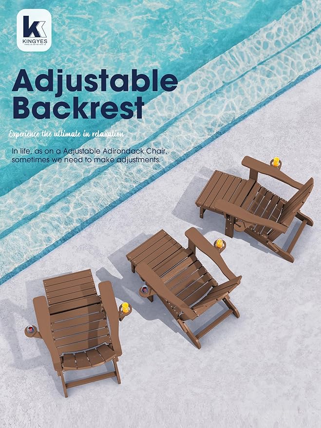 KINGYES Folding Adjustable Adirondack Chair with Ottoman & 2 Cup Holders Set of 4, HDPE Recliner Adirondack Chair with Footrest, Brown