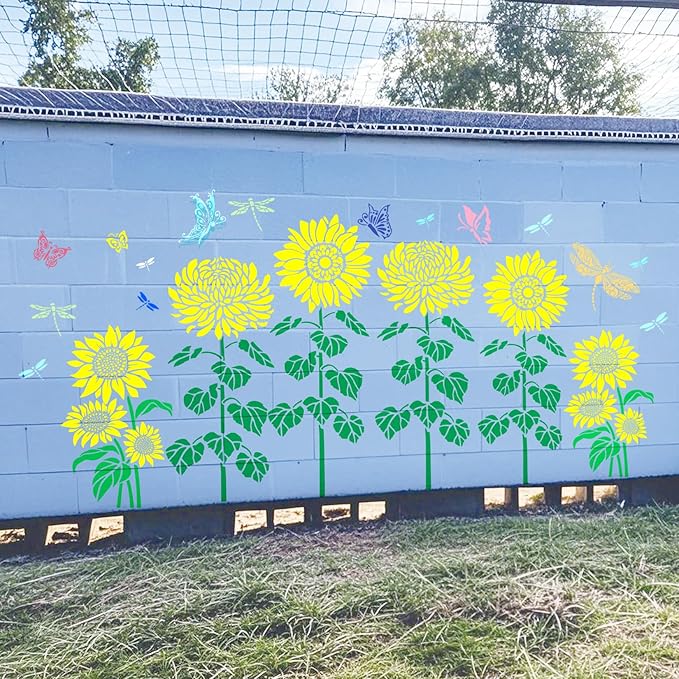 Large Flower Stencils for Wood Fence Outdoors Sunflower Floral Garden Fence Stencil for Painting on Walls Lace Crafts Reusable Home Canvas Furniture Paper (floral9)
