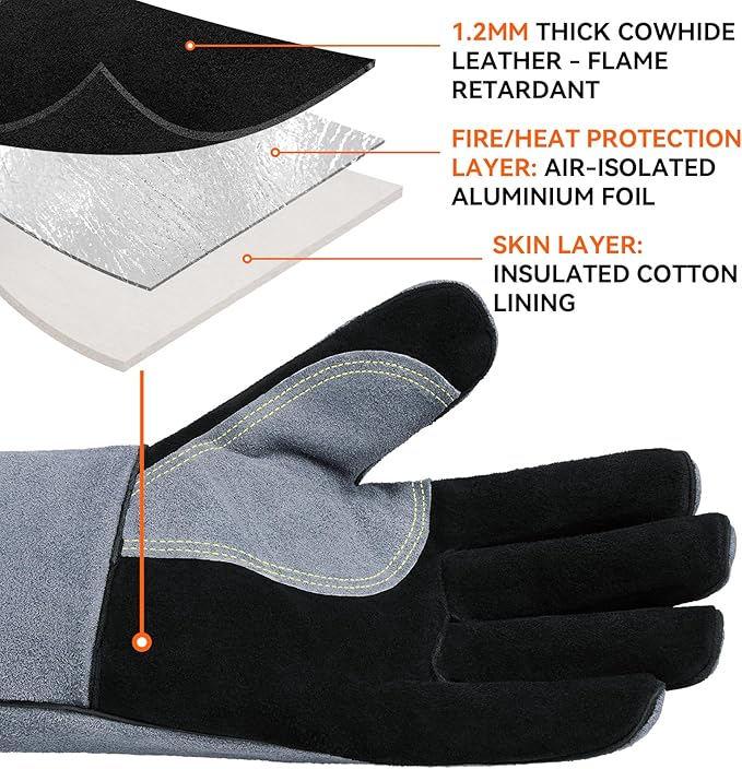OZERO Welding Gloves for Men, Heat Resistant Gloves, 16-Inch Cowhide Leather Work Gloves, EN388/EN407/EN12477 Type A Certified, Reinforced Palm, Insulated Lining, Long Cuff for BBQ & Grill, Black-gray