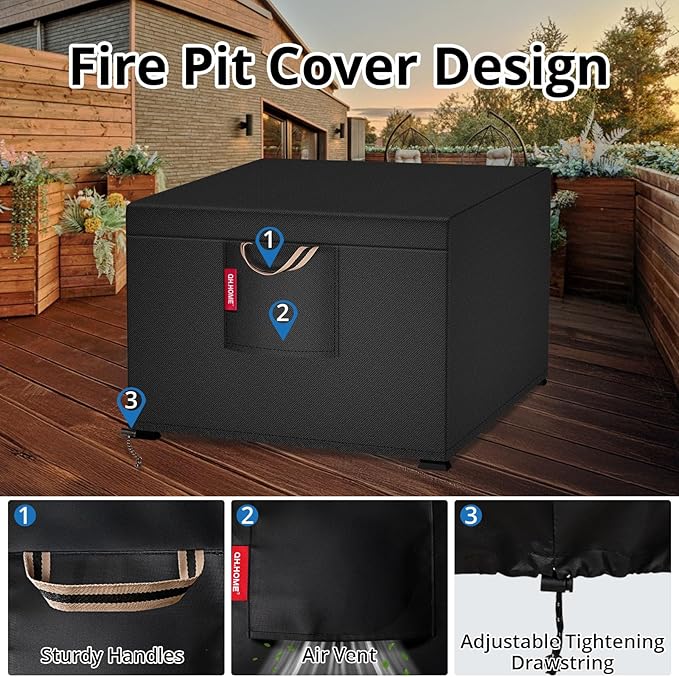 QH.HOME [2026 Upgraded 900D Heavy Duty Fabric] 32’’ Fire Pit Cover Square for 30/32 inch Fire Pit/Table, Waterproof Tear -Resistant Firepit Cover with Air Vent, 32"L x 32"W x 24"H - Black