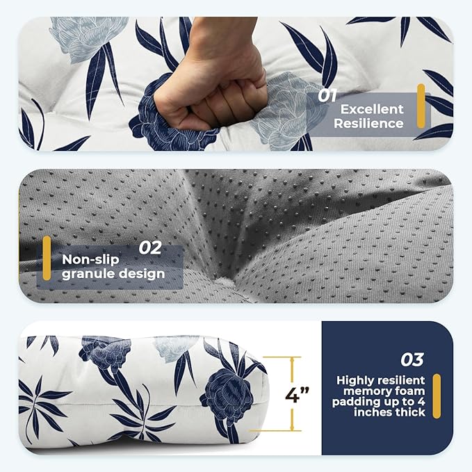 All Weather Chaise Lounge Cushions Outdoor Lounge Chair Cushion, Waterproof Memory Foam Chaise Lounger Chair Cushion for Outdoor Patio Furniture with Non-Slip Back and Ties, Blue Enchantress
