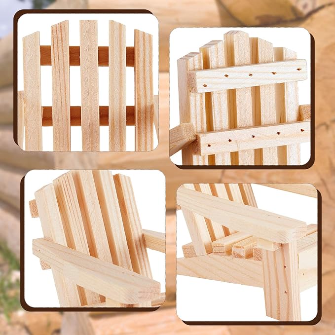 Sumind 4 Pieces Wood Adirondack Style Miniature Chair Doll House Wooden Dollhouse Model Chairs for Dollhouse Accessories Furniture Christmas Decoration
