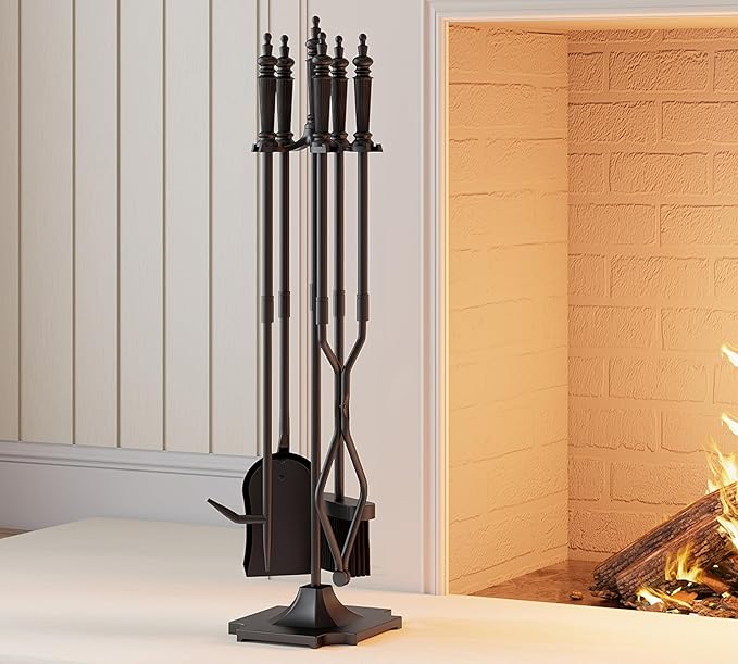 5-Piece Fireplace Tools Set 32.5In Cast Iron Indoor & Outdoor Fireside Accessories Includes Stand, Shovel, Brush, Tong, and Poker