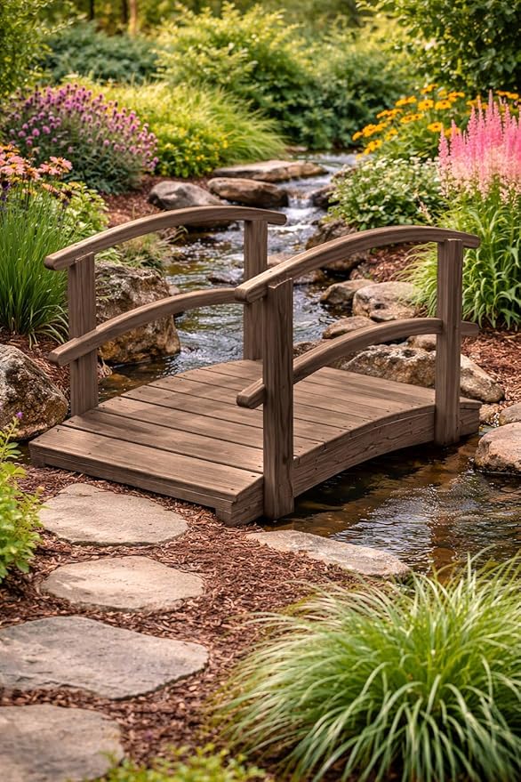 4 FT Walnut Amish Made Garden Bridge with Double Rails for Walkway, Backyard Pond & Landscaping, Outdoor Wooden Footbridge for Koi Pond, Japanese Style Decorative Bridge, Made in USA