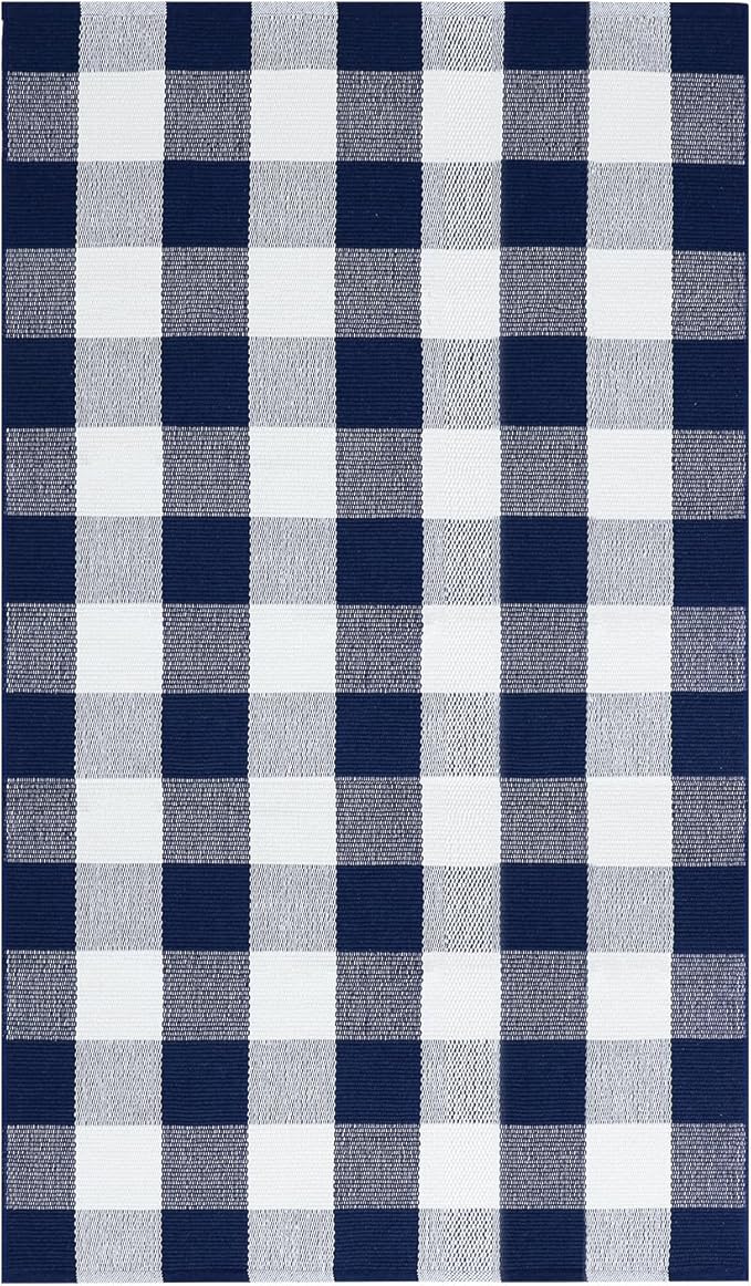 IOHOUZE Buffalo Plaid Checkered Rug 3x5 Ft Front Door Mats, Washable Area Rugs for Front Porch Decor, Spring Summer Welcome Mats Outdoor, Navy White Rug for Farmhouse/Entryway/Home Entrance