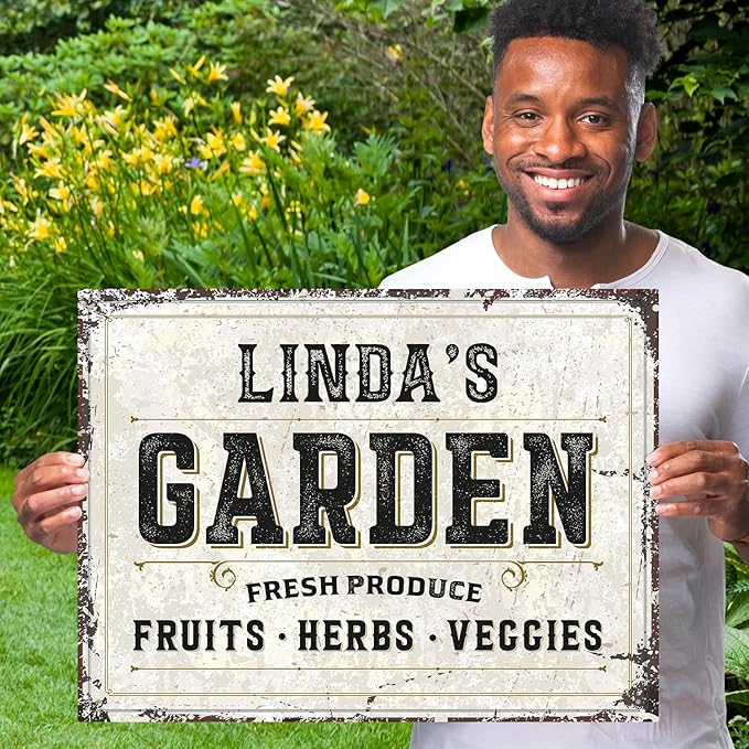 Custom Garden Fresh Produce Sign, Personalized Rustic Name for Backyard, Farm and Décor Sign, 18x24 Inches, Rust Free .063 Aluminum, Fade Resistant, Made in USA by Sigo Signs