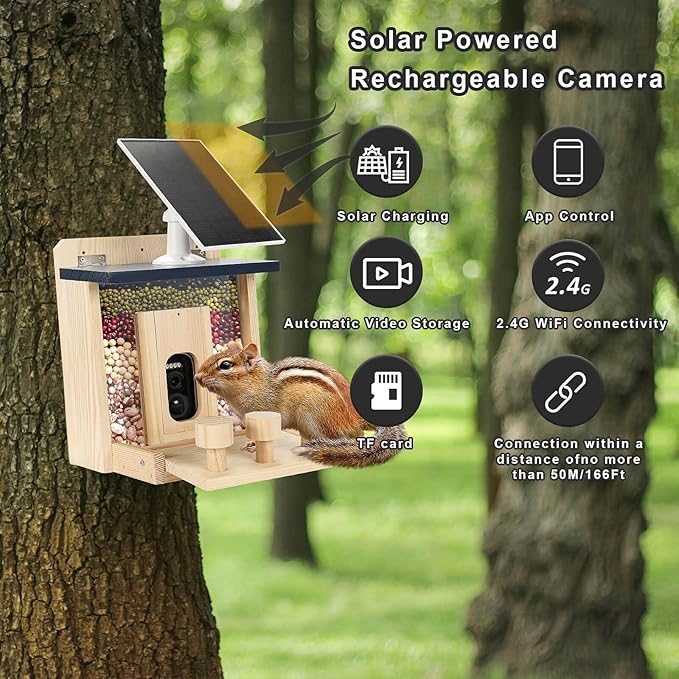 Wooden Squirrel Feeder with HD Camera, Solar-Powered Outdoor Squirrel Bar, Real-Time View, Instant Notifications, Durable & Sturdy, for Squirrel Lovers