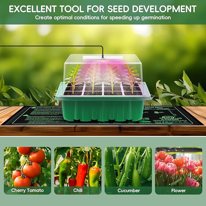 Verdenu 3PK Seed Starter Tray with Grow Lights and Tempe-Control Heat Mat, 36-Cell Large Seedling Starter Kit with Humidity Dome, Adjustable LED Lighting for Seed Germination,Temperature Adjustable