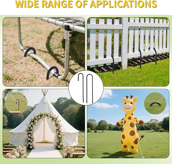 Anothera 16 Pack Steel Rebar Stakes, 12-Inch Heavy Duty U Hook Metal Fence Stake, Rustproof Ground Hooks Anchors for Tents, Plants, Fences and Trampolines
