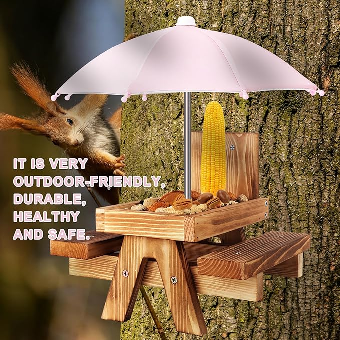 Gnodary Squirrel Feeder with Umbrella, Squirrel Feeders for Outside, Squirrel Picnic Table Feeder - Chipmunk Feeder Hold Corn, Corn Cob, Peanuts (Light Pink)
