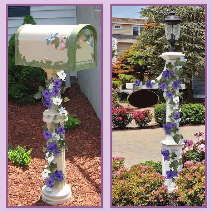 CISDUEO 2 Pcs Artificial Vines for Outdoors Silk Morning Glory Garland 11.5 Ft Hanging Flowers Plants Fake Petunias Vines for Indoor Home Decor Wall Fence Mantle Stairway Mailbox Purple Blue and White