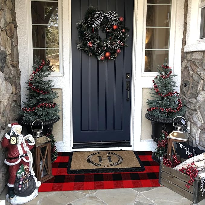 Christmas Door Mat Outdoor 24"x51"Buffalo Plaid Christmas Decor Rug Cotton Hand-Woven Layered Door Mats Washable Carpet for Front Porch, Kitchen, Farmhouse, Entryway