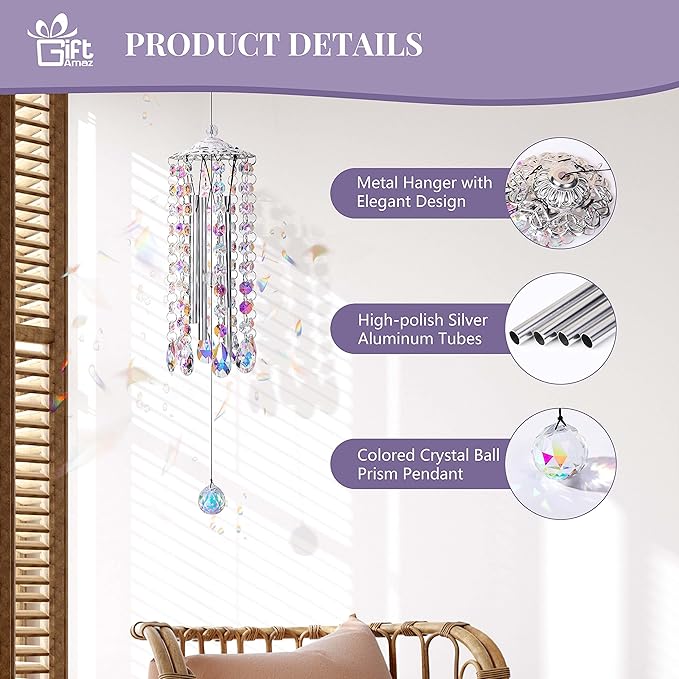 Crystal Suncatcher Wind Chimes with 4 Tuned Tubes, Hanging Prism Rainbow Maker Chandelier Crystal Pendant Wind Chime Window Hanging Ornament Gift for Women Friends Home Garden Decor Birthday