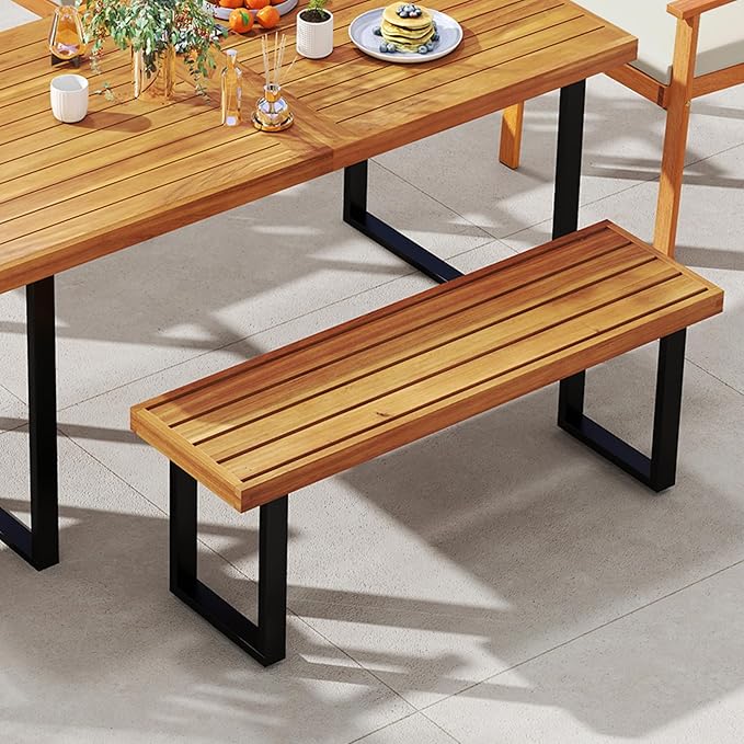 Tangkula Acacia Wood Outdoor Bench, 48" Long Patio Dining Bench w/Metal Legs, Slatted Seat, Backless Picnic Bench, Farmhouse Furniture for Garden Poolside Porch Balcony Deck Indoor (2,Natural)