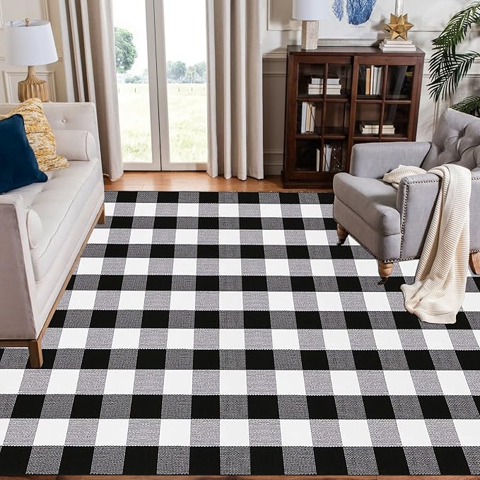 Buffalo Plaid Outdoor Rugs, 5'x7' Black and White Checkered Area Rug, Washable Cotton Woven Indoor/Outdoor Rug for Farmhouse/Patio/Front Porch/Living Room/Laundry Room/Bedroom Décor