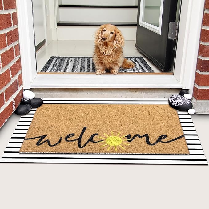 Tinideya 2 Pcs Summer Door Mat Non Slip Wildflower Coastal Hello Sunshine Sweet Home Ocean Pet Welcome Floor Doormat Buffalo Plaid Checked Stripe Mat Seasonal for Front Porch Entryway(Sun)
