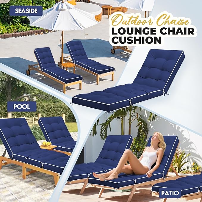 Outdoor Chaise Lounge Chair Cushion, Non-Slip Patio Chaise Lounge Cushions Waterproof for Outdoor Furniture, Thickened Patio Pool Lounger Chair Cushion, 76.4 x 22.8 x 4.7 Inches, Navy