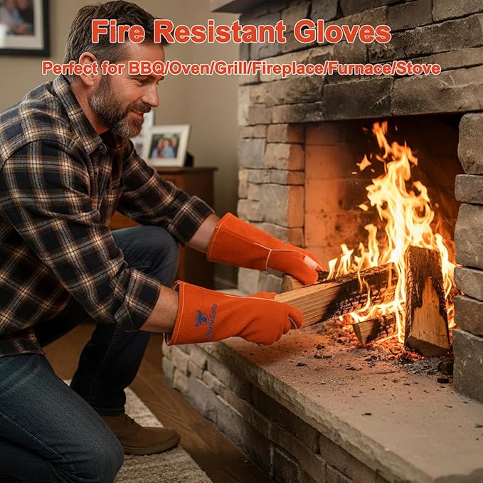 Welding Gloves 14 Inches, 932℉ Heat Fire Resistant Leather Welding Gloves for Tig/Mig/Stick, Mitts for BBQ/Oven/Grill/Fireplace/Furnace/Stove/Animal Handling Gloves with Soft Lining (Red)