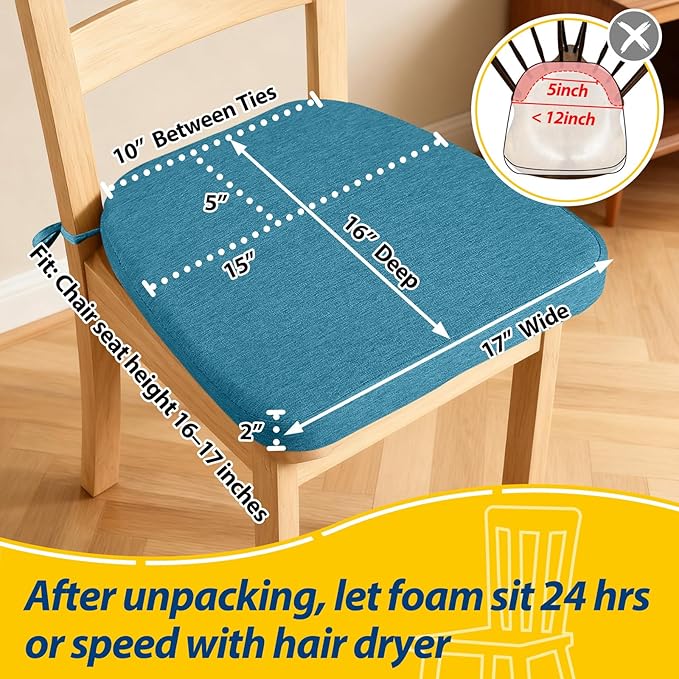 AAAAAcessories D-Shaped Chair Cushions, 2" Thick Dining Chair Pads with Ties and Removable, Machine-Washable Cover, 17" x 16", Set of 6, Teal