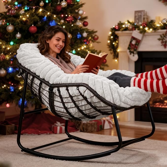 Outdoor Rocking Chair, Patio Wicker Egg Chair, Indoor Comfy Oversized Papasan Chair with Padded Cushion, Royal Rattan Rocker for Front Porch, Garden, Patio (Light Grey)
