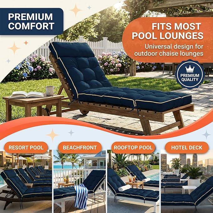 MAGIC ELEPHANT Chaise Lounge Cushion Outdoor, Memory Foam Replacement Patio Pool Lounge Chair Cushion with Ties for Outdoor Furniture, 74 x 22 x 4 Inch (Oxford Blue)