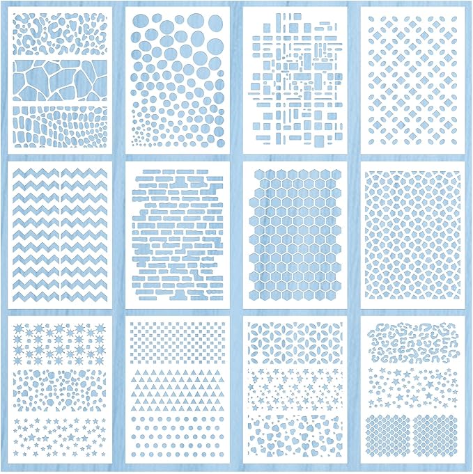 Geometric Stencils for Painting 12 Sheets 21x29cm PET Templates – Reusable Geometric and Pattern Designs for Journals, Scrapbooking, Canvas Art, Card Making and DIY Crafts