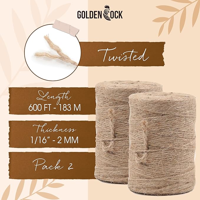 2mm - 164FT Natural Jute Twine Rope String - for Crafts Gardening Plant Accessories Gift Wrapping, Arts Packing Material Christmas Twine Bulk Wedding Decor (1200 Ft)
