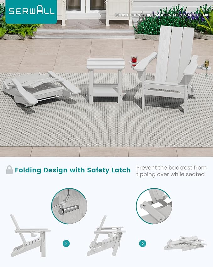SERWALL Modern Folding Adirondack Chair Set of 8, All Weather Resistant Outdoor Adirondack Chair with Cup Holders, HDPE Adirondack Chair for Patio Lawn Garden, White