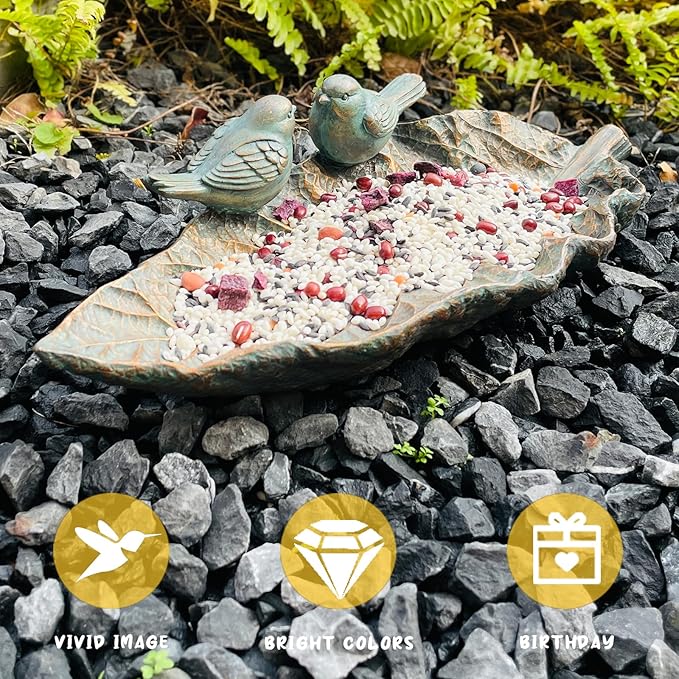 Outdoor Garden Bird Bath Sculpture, Polyresin on Leaf Bird Feeder, Garden Patio Deck Ground Gifts for The Family