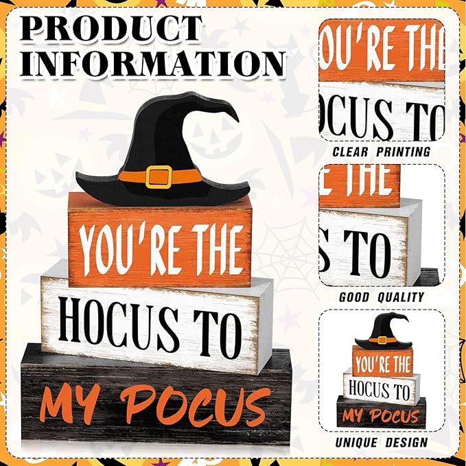 4 Pcs Halloween Hocus Pocus Table Decor Witch Hat Wooden Signs Distressed You're the Hocus to My Pocus Tabletop Centerpieces Witch Tiered Tray Decor Rustic Halloween Decorations for Home Desk