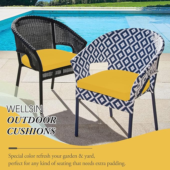 Wellsin Outdoor Chair Cushions for Patio Furniture, 3-Year Color Fastness Patio Chair Cushions Set of 2, Water Resistant Round Corner Outdoor Seat Cushions 17"X16"X2", Yellow