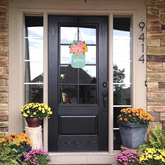 Spring Flower Door Sign Mason Jar Wood Hanger Floral Front Door Porch Spring Summer Mother's Day Farmhouse Decor