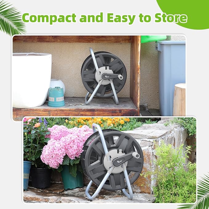 Water Hose Reel Cart, Holds 60-80 Ft of 5/8 Inch Hose, Grey Wall Mounted Garden Hose Cart, Portable Hose Reel for Convenient Storage and Watering