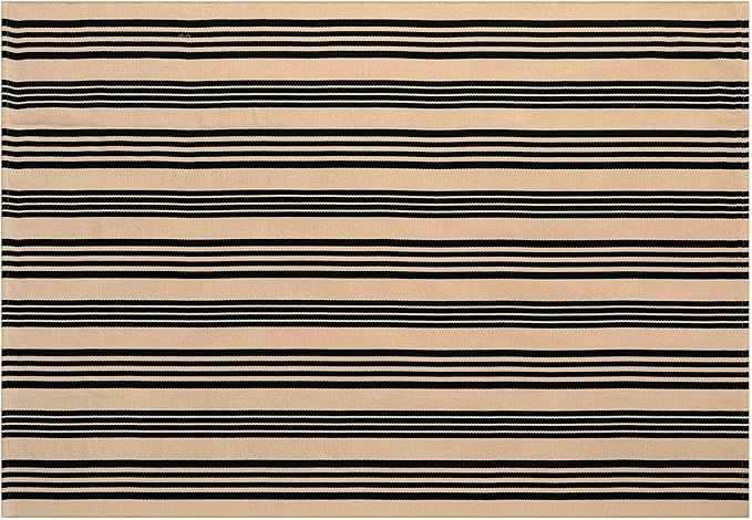 Black and Khaki Striped Rug 5'x7', Washable Outdoor Rugs Cotton Hand Woven Front Porch Rugs, Reversible Patio Rug Foldable Large Throw Rugs for Living Room Home Entrance