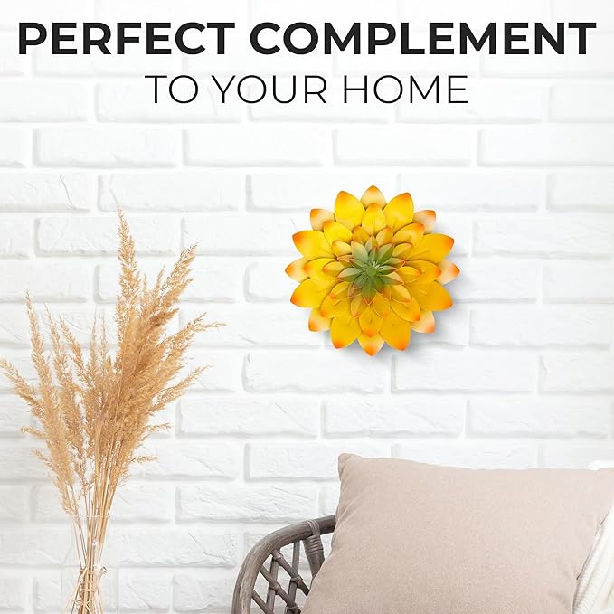 Everydecor Succulent Metal Flowers Wall Decor – Yellow, Hand Painted, 3D Flower Art Decoration for Living Room, Bedroom, Kitchen, Bathroom - Floral Decor for Indoor & Outdoor Use