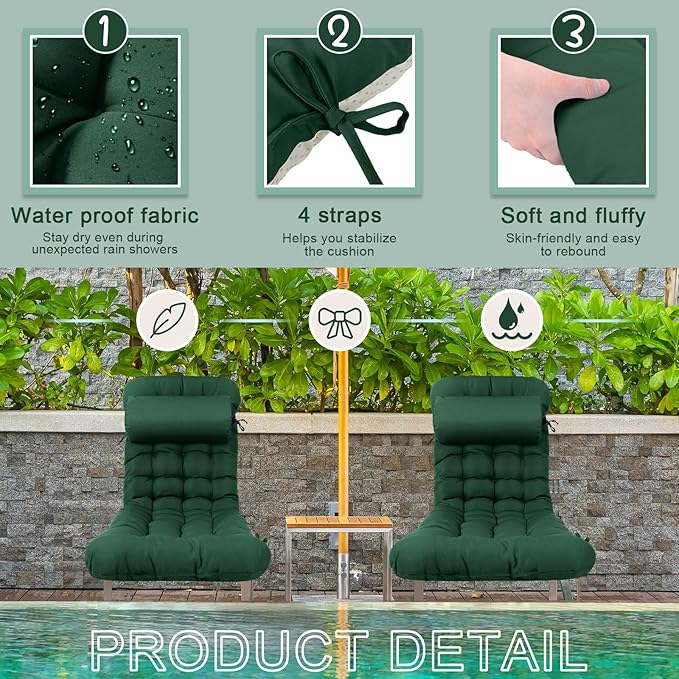 Tudomro 2 Pcs Dark Green 66'' Outdoor Chaise Lounge Cushion Waterproof Patio Lawn Pool Chaise Lounge Cushion with Headrest Pillow & Ties Weather Fade Resistant Replacement Longue Chair Pad