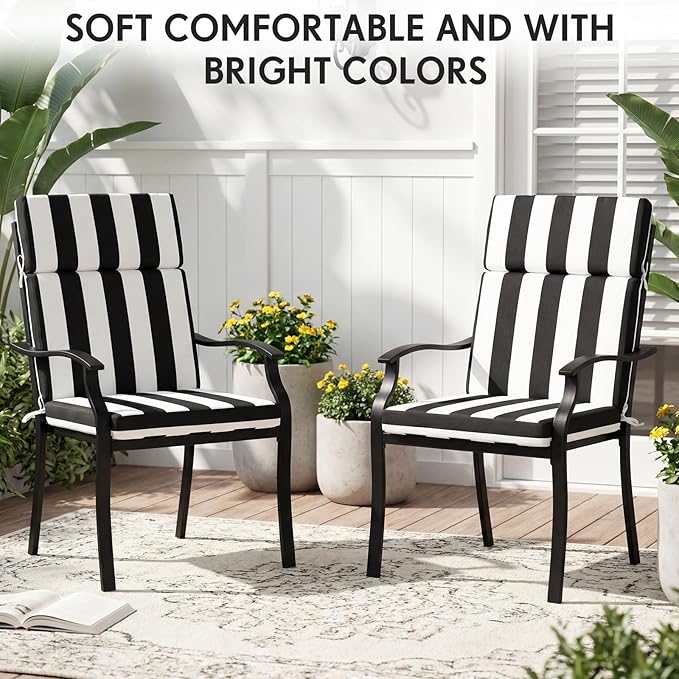 4 Pack Outdoor High Back Chair Cushion, 44 x 20 inches Patio Chair Cushions Waterproof Rocking Cushions Indoor Furniture Seat Pad, Weather Resistant (Stripe,Black White)