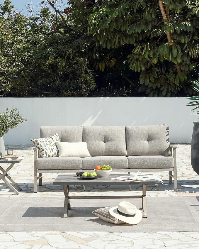 3 Seats Patio Furniture Sofa, Outdoor Aluminum Couch with 5.9'' Soft Cushion, 3-Seater All-Weather Outdoor Patio Furniture Sofa Couch for Balcony, Poolside, Lawn, White Oak