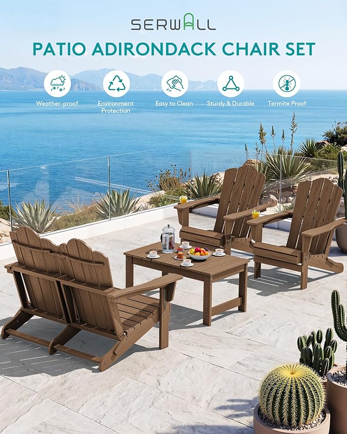 SERWALL Folding Adirondack Bench, HDPE All-Weather Adirondack Loveseat, 660 lbs Capacity, Foldable Outdoor Patio Bench for Deck, Lawn, Garden, Brown
