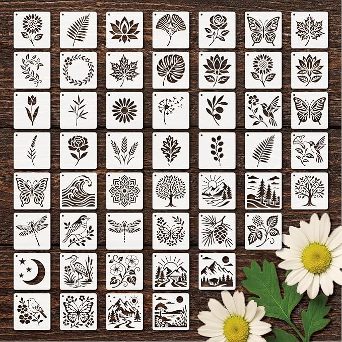 Stencils 4in 50pcs Reusable Plastic Templates Craft Paint Template Nature Style DIY Crafts Stencil Holiday for Fabrics Window Wall Home Wood(4inch 50 Pack)