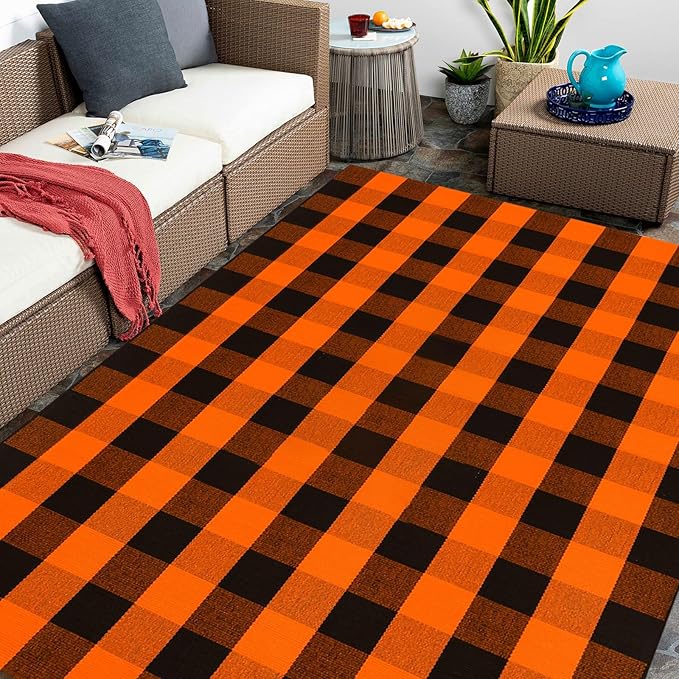 Fall Outdoor Rug Orange Buffalo Plaid Outdoor Rug Cotton Hand-Woven Buffalo Check Rug Layered Doormats for Front Door/Front Porch/Farmhouse/Entryway/Patio
