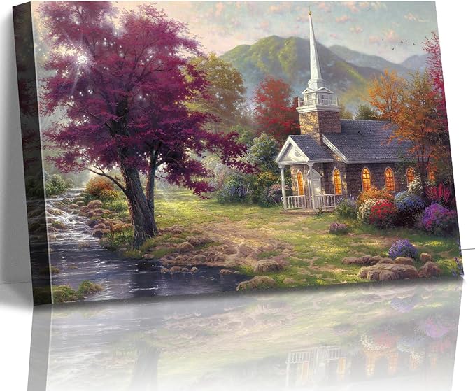 STUDIO HAVEN Thomas Kinkade Canvas Wall Art, Stone Chapel Flowing Stream Colorful Trees and Morning Light Serene Oil Painting Poster Landscape Wall Decor, Framed Prints for Home Decor, 48x32Inch
